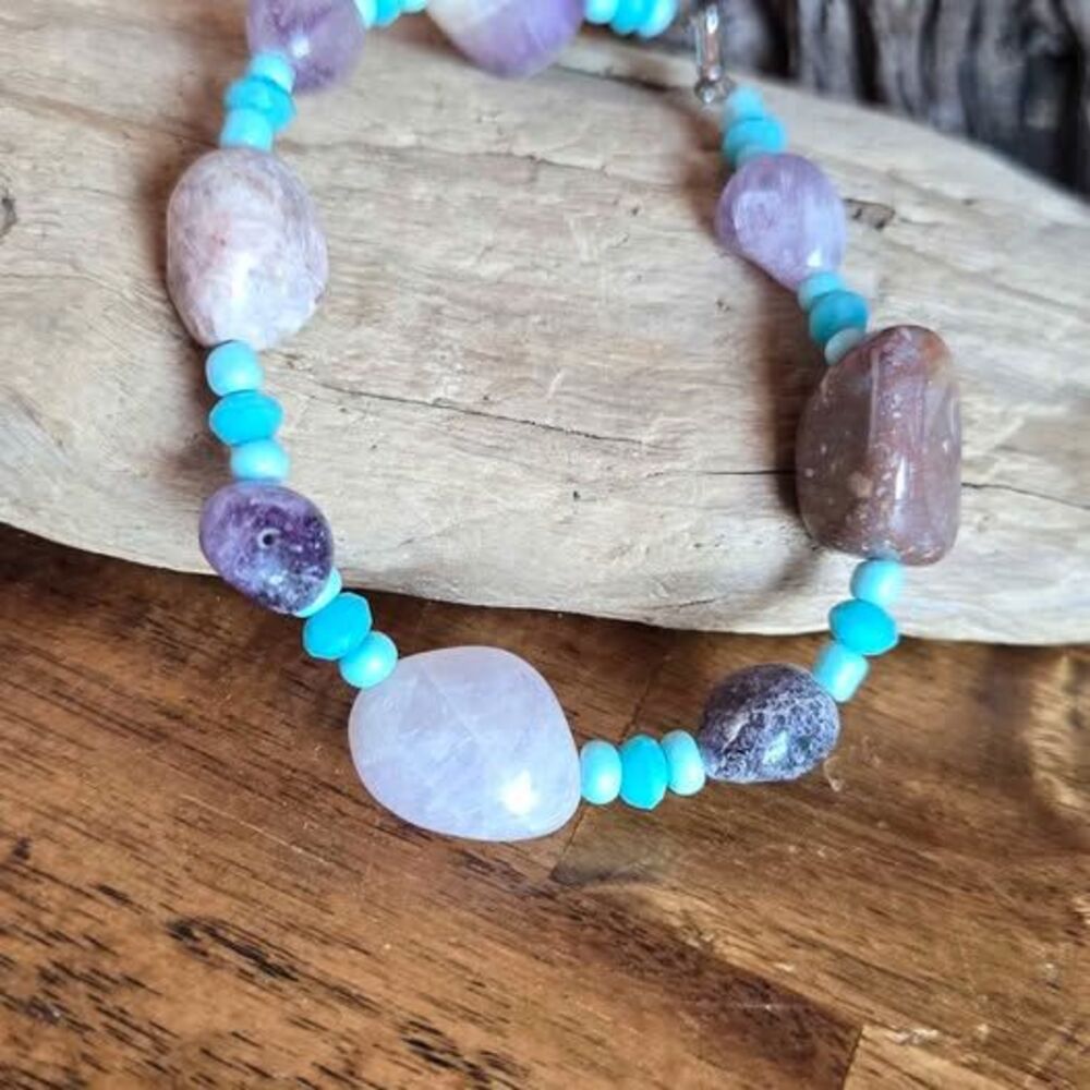 Natural Stone Bracelet 9" Purple Gemstone & Turquoise Glass Bead Bracelet